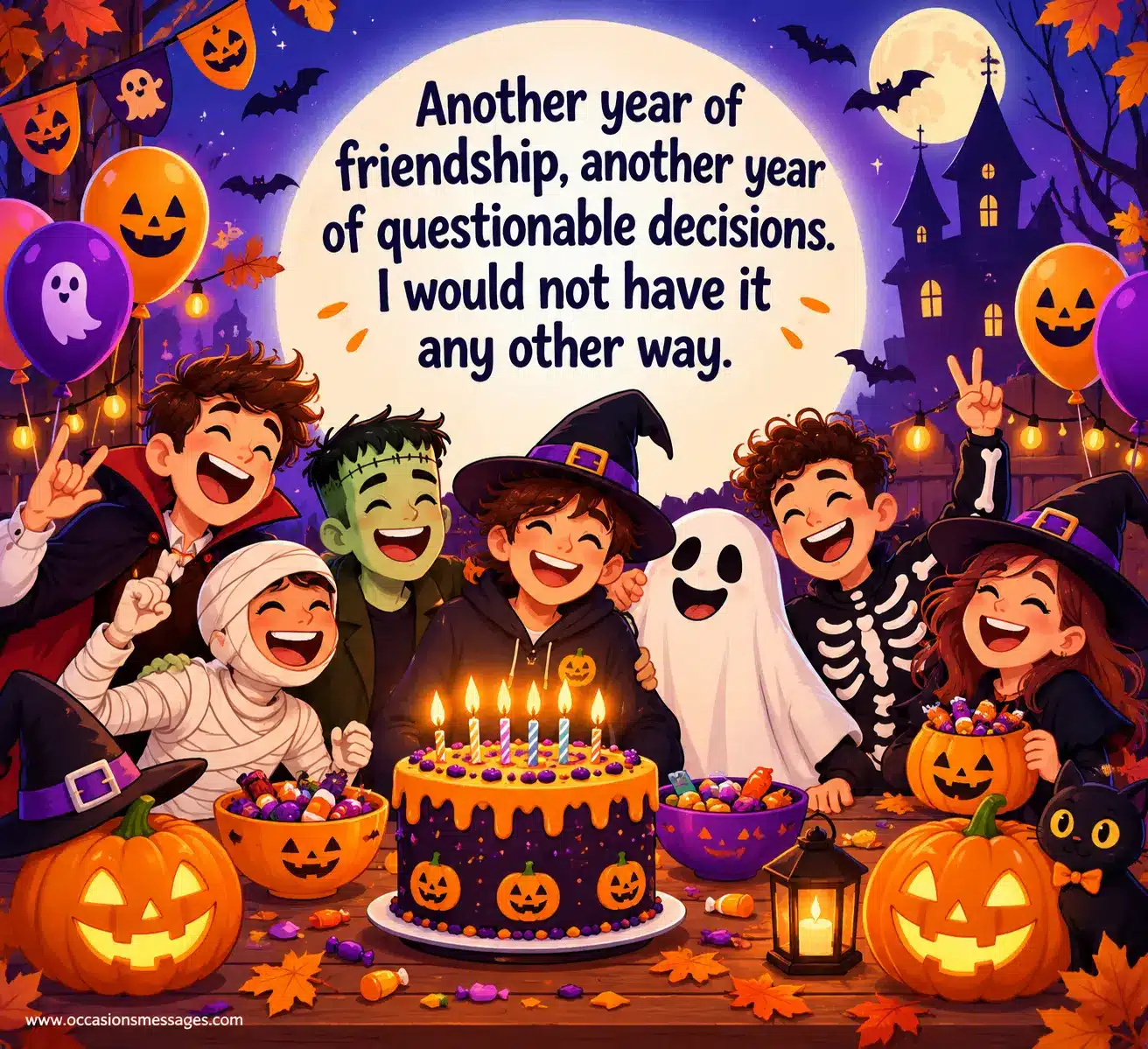 Playful cartoon friends celebrating a Halloween birthday with cake, candy, pumpkins, balloons, and spooky decorations, capturing humorous friendship and shared adventures.