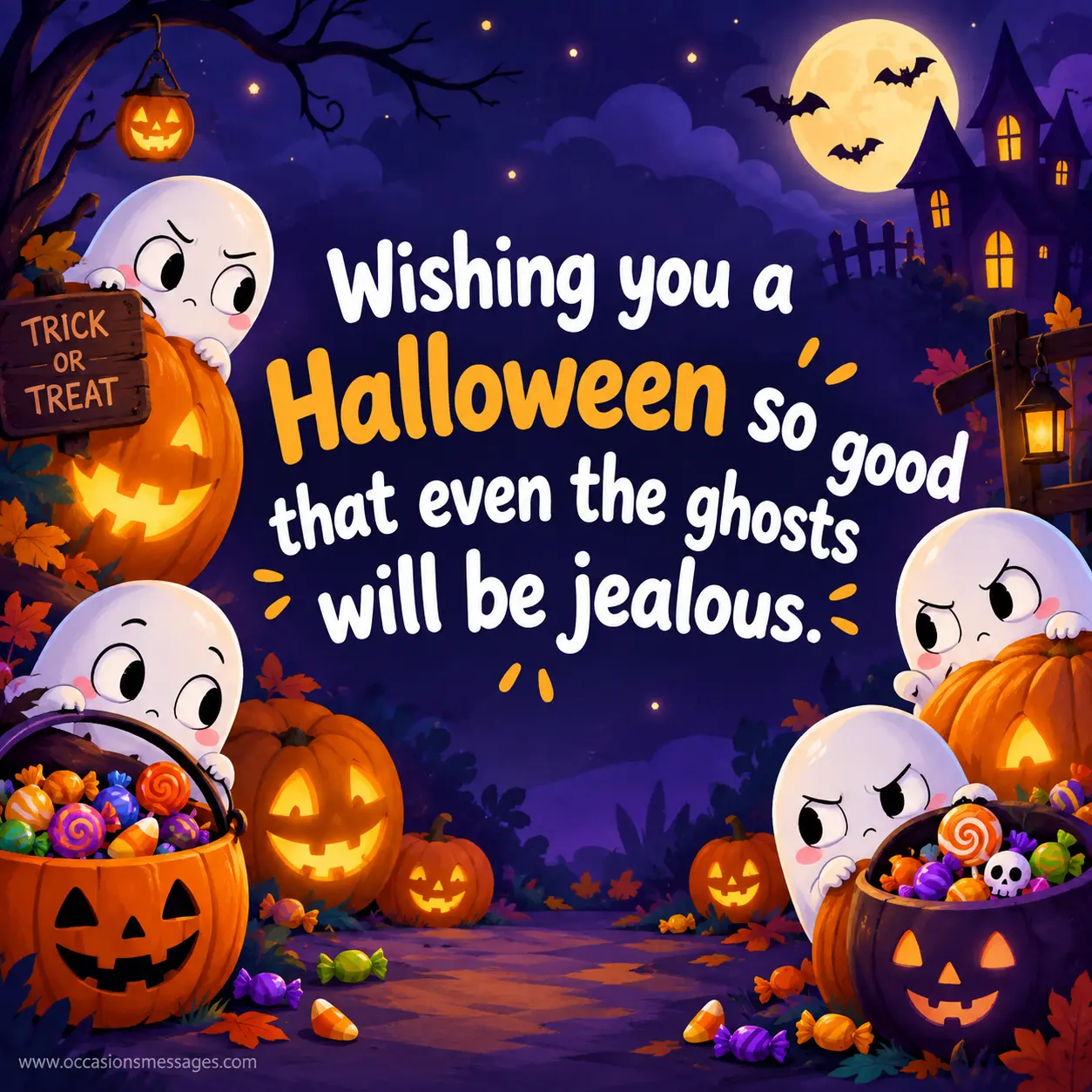 3. Playful illustrated ghosts gathered around glowing pumpkins and candy while humorously expressing jealousy over an especially wonderful Halloween celebration.