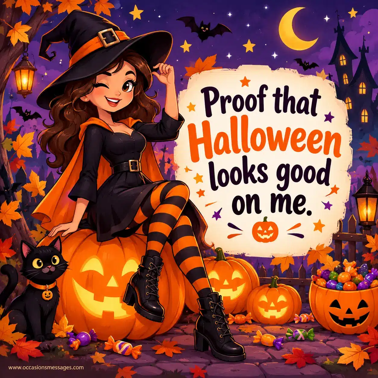 Playful Halloween cartoon scene with a confident character, jack-o'-lanterns, candy, bats, and autumn details expressing confidence in a Halloween look.