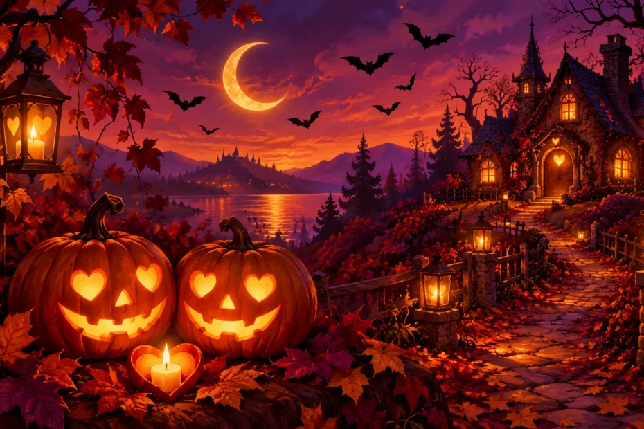 Romantic Halloween scene with paired jack-o'-lanterns, heart-shaped candlelight, autumn leaves, bats, and a haunted cottage.
