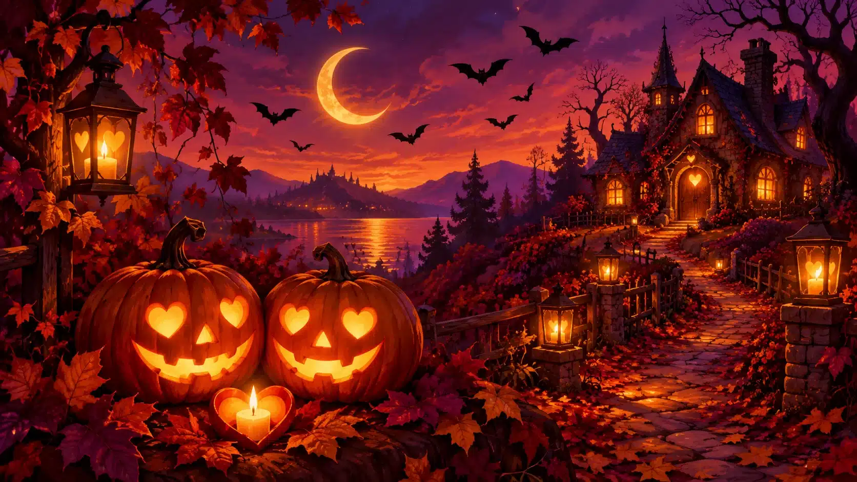 Romantic Halloween scene with paired jack-o'-lanterns, heart-shaped candlelight, autumn leaves, bats, and a haunted cottage.