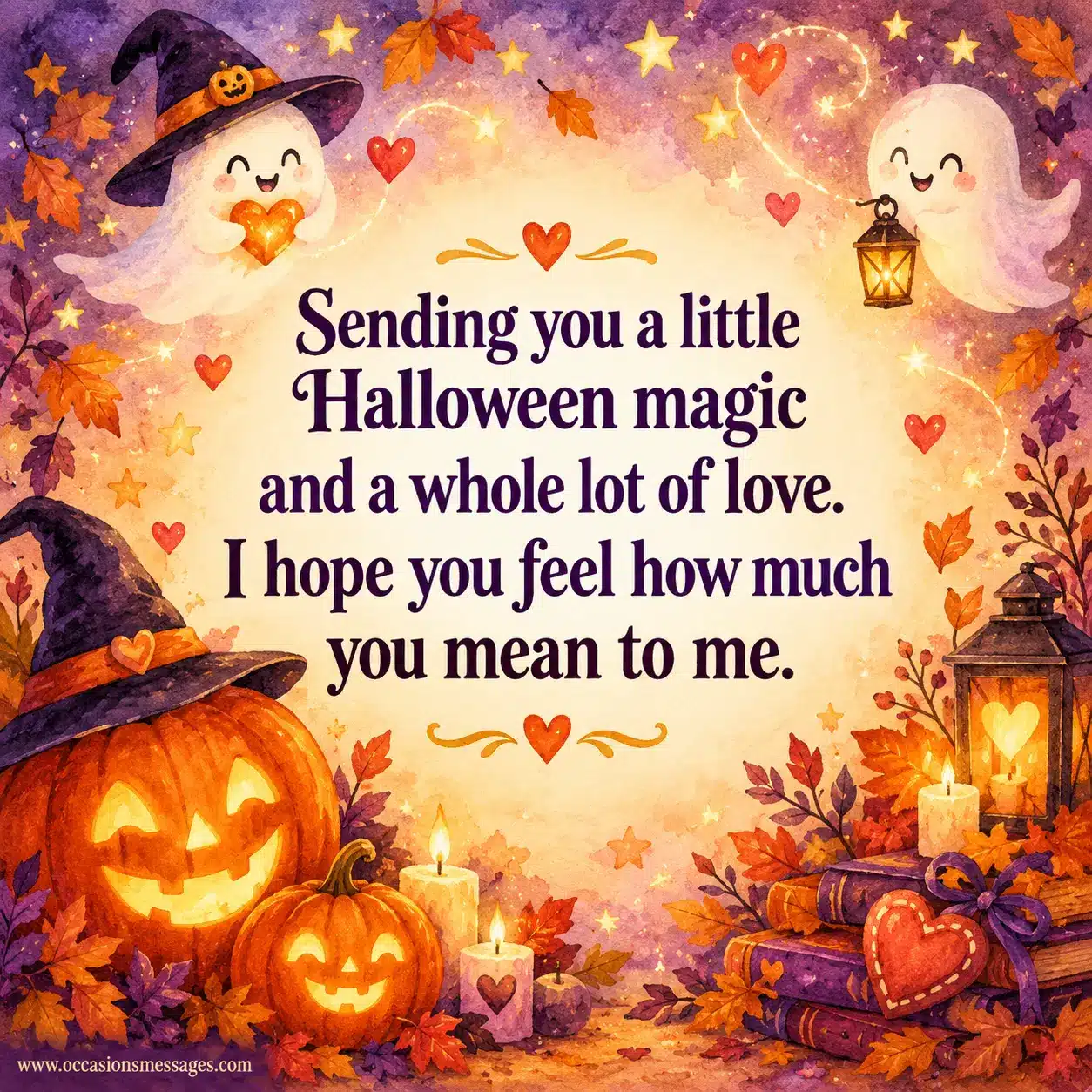 Whimsical Halloween love scene filled with pumpkins, hearts, ghosts, stars, and magical decorations symbolizing affection and heartfelt holiday wishes.