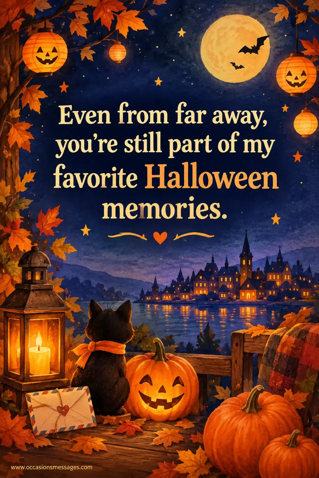6. Warm watercolor-style Halloween scene with glowing pumpkins, autumn leaves, lanterns, and a distant town symbolizing cherished Halloween memories despite being far away.