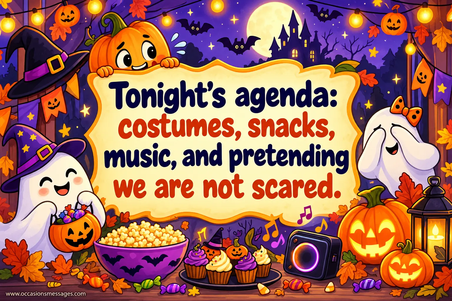 6. Festive Halloween cartoon party featuring costumes, snacks, musical notes, glowing pumpkins, and nervous-looking friendly ghosts, illustrating a humorous evening agenda of music, treats, costumes, and pretending not to be scared.