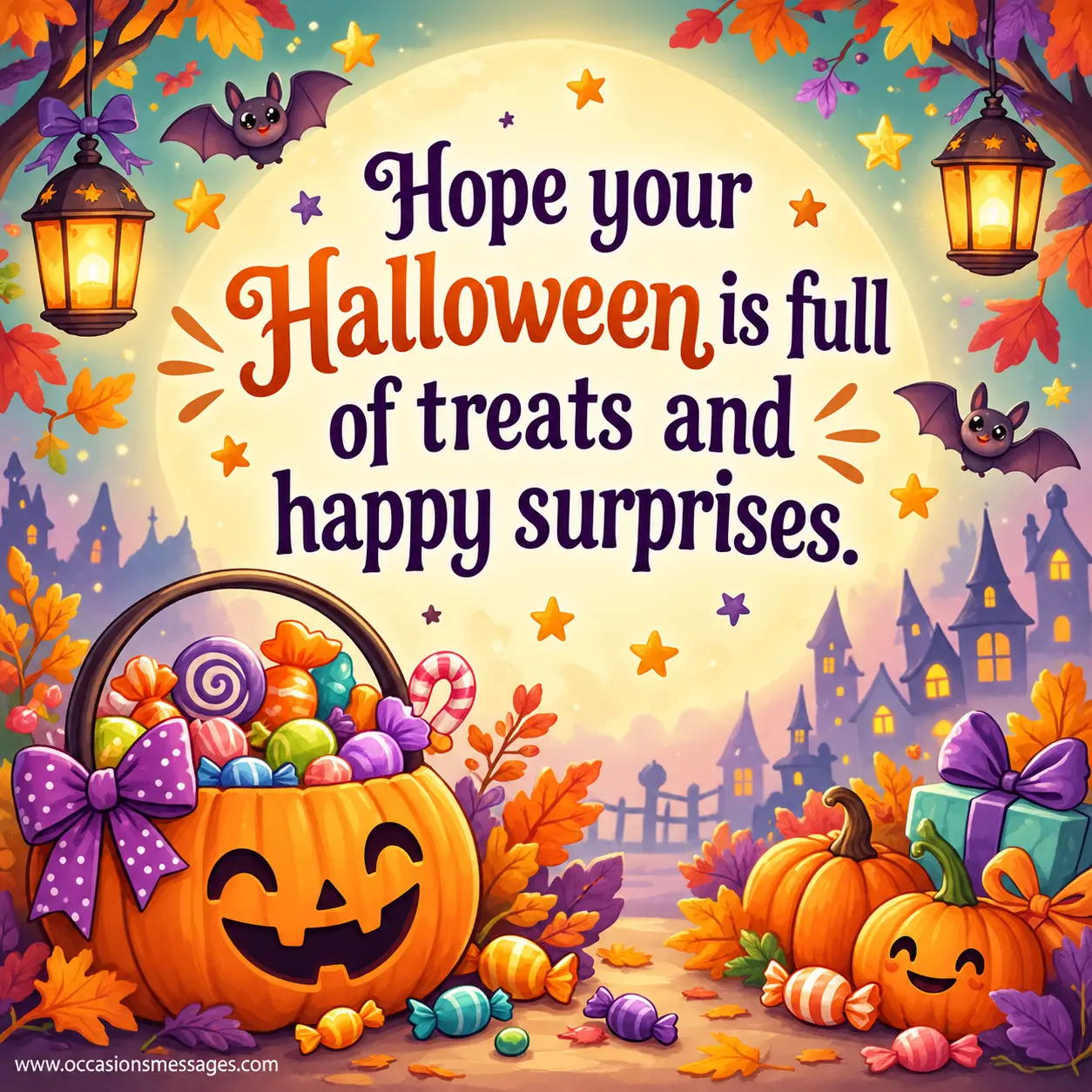 Cheerful illustrated Halloween scene with pumpkins, candy treats, glowing lanterns, and playful decorations surrounding a positive quote about treats and happy surprises.
