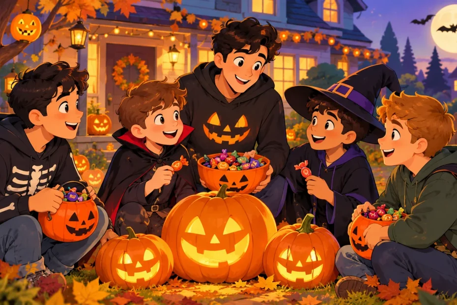 Halloween friendship celebration with male friends, glowing pumpkins, candy, autumn decorations, and a haunted house.