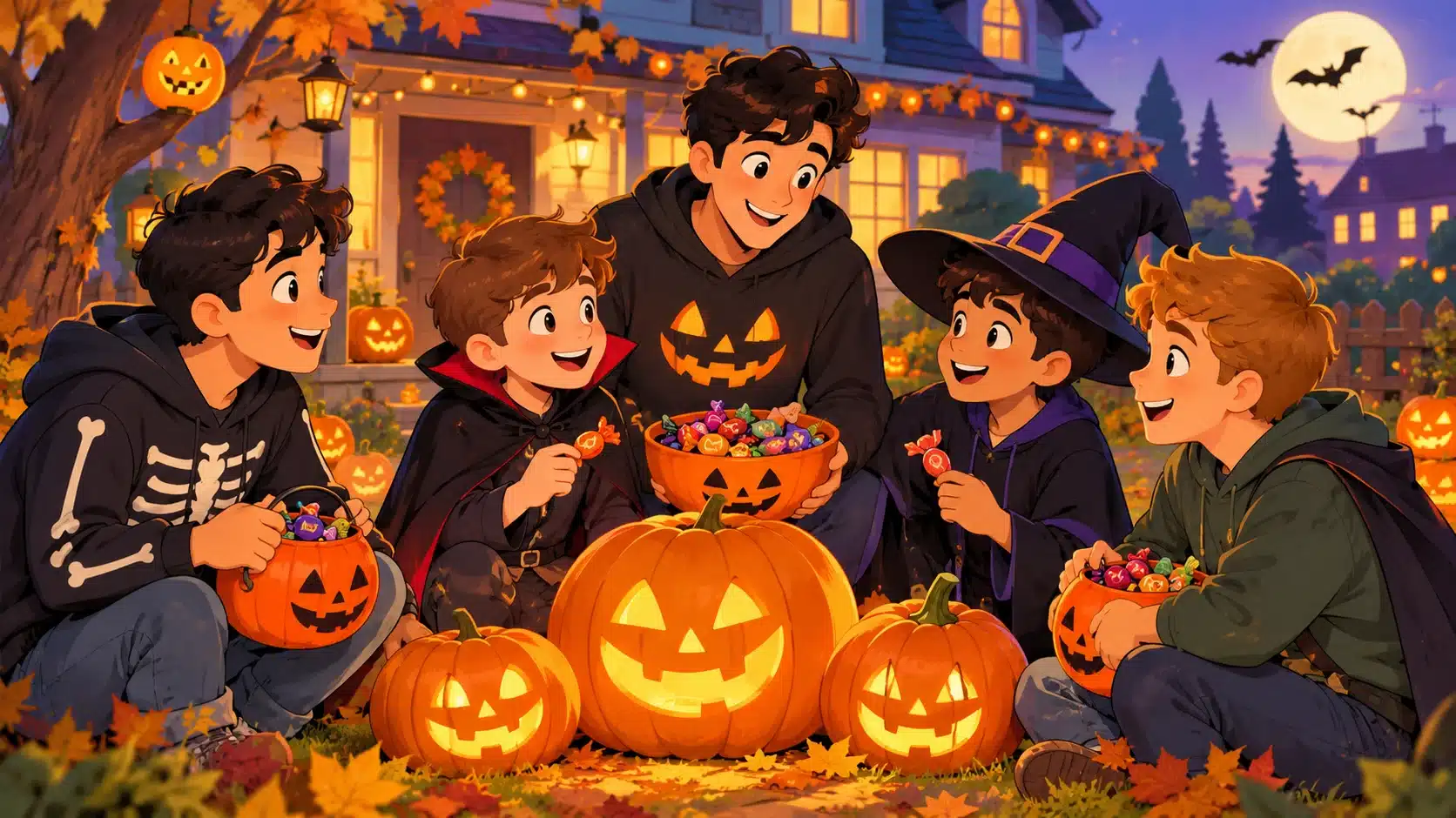 Halloween friendship celebration with male friends, glowing pumpkins, candy, autumn decorations, and a haunted house.