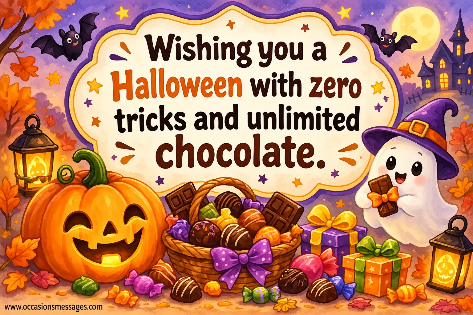 5. Cute Halloween watercolor illustration of a smiling jack-o'-lantern, chocolate-filled baskets, wrapped sweets, and a friendly ghost, celebrating a Halloween wish for unlimited chocolate and no tricks.