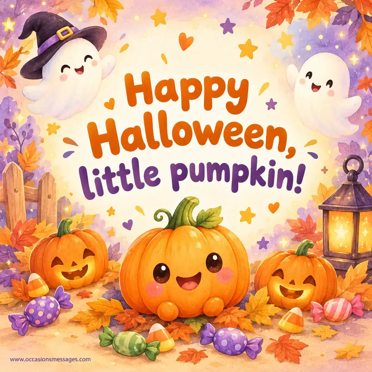 Cute Halloween best-friend greeting illustration featuring two happy cartoon ghosts, glowing pumpkins, tiny bats, and colorful sweets, sharing a spooky seasonal wish with a friend.