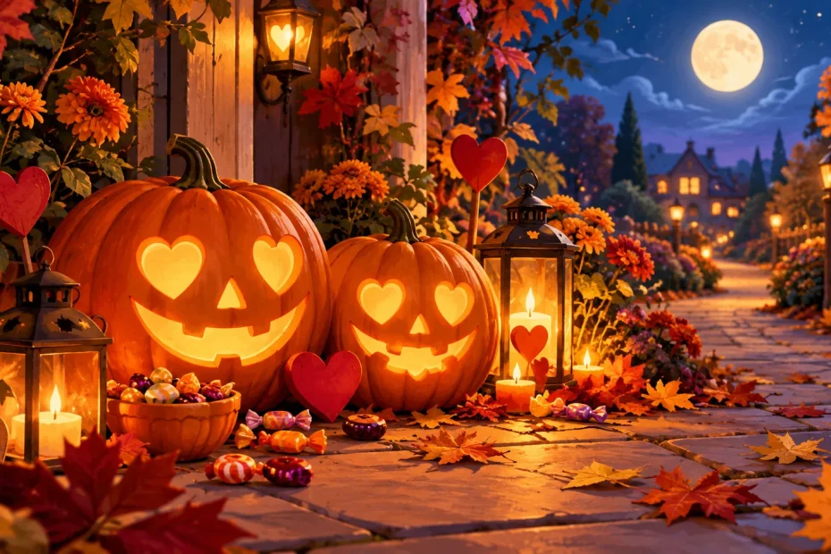 Romantic Happy Halloween scene with glowing pumpkins, heart decorations, lanterns, candy, autumn leaves, and a moonlit path.