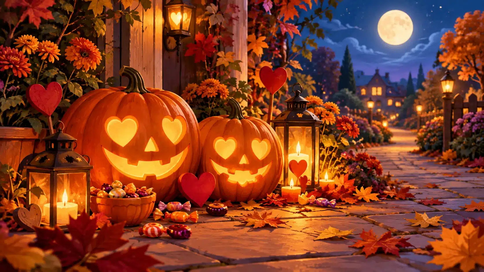 Romantic Happy Halloween scene with glowing pumpkins, heart decorations, lanterns, candy, autumn leaves, and a moonlit path.
