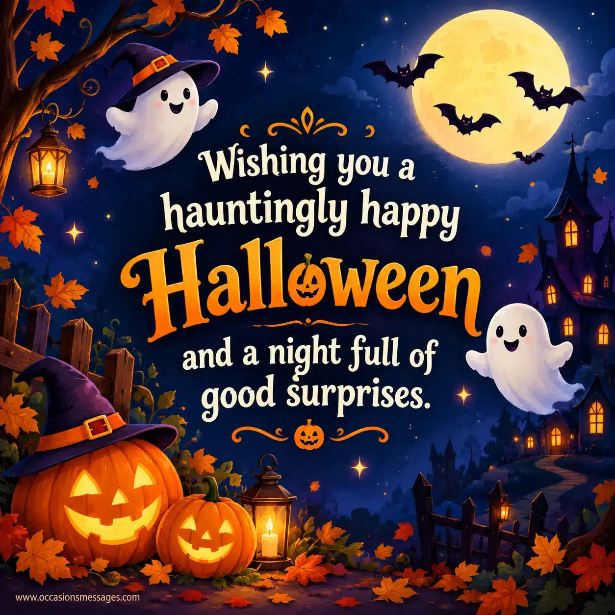 1. Whimsical illustrated Halloween night with friendly ghosts, glowing pumpkins, bats, and magical lights surrounding a hauntingly happy Halloween greeting about good surprises.