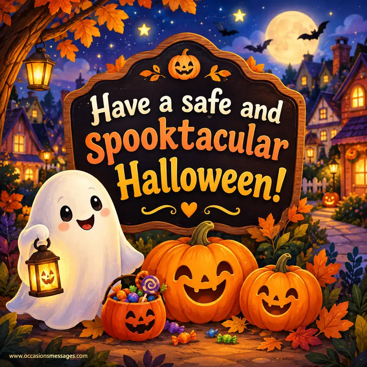 Whimsical Hello Halloween quote illustration featuring a cute black cat, glowing pumpkins, floating ghosts, a crescent moon, and sparkling stars in a cozy autumn color palette.