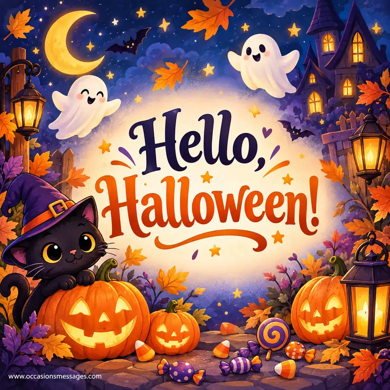 Adorable little pumpkin Halloween greeting card with pastel candies, smiling jack-o'-lanterns, friendly ghosts, and autumn leaves, creating a sweet and family-friendly seasonal celebration.