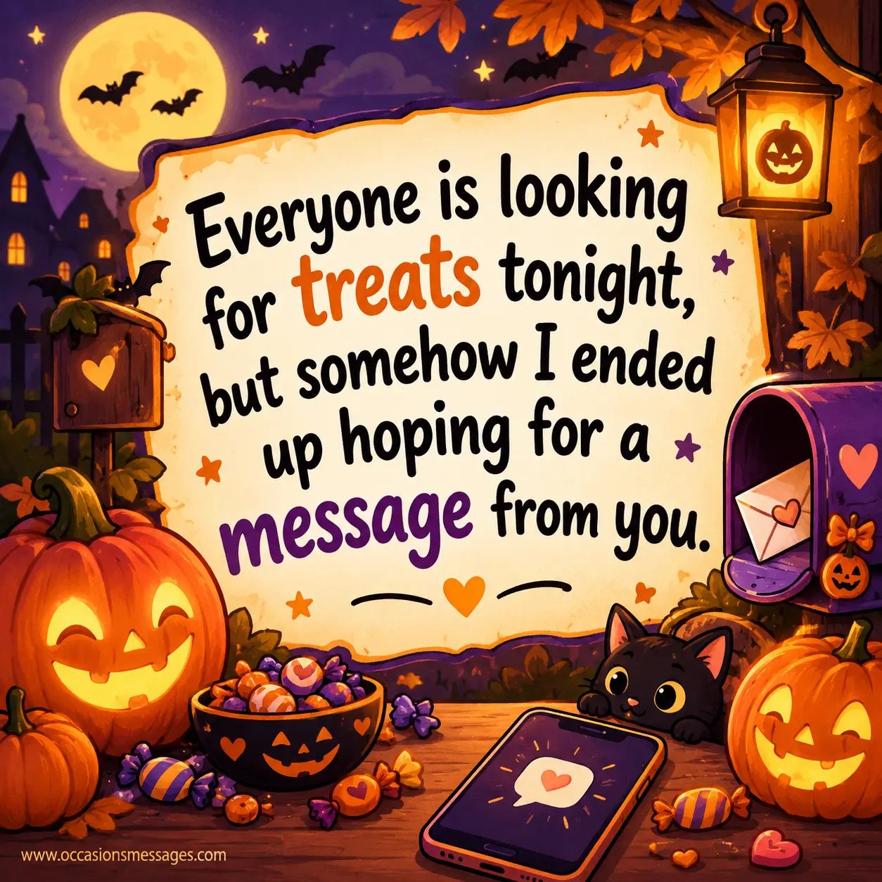 Playful Halloween illustration with a mailbox, smartphone, candy, pumpkins, and lanterns expressing the anticipation of receiving a loving message.