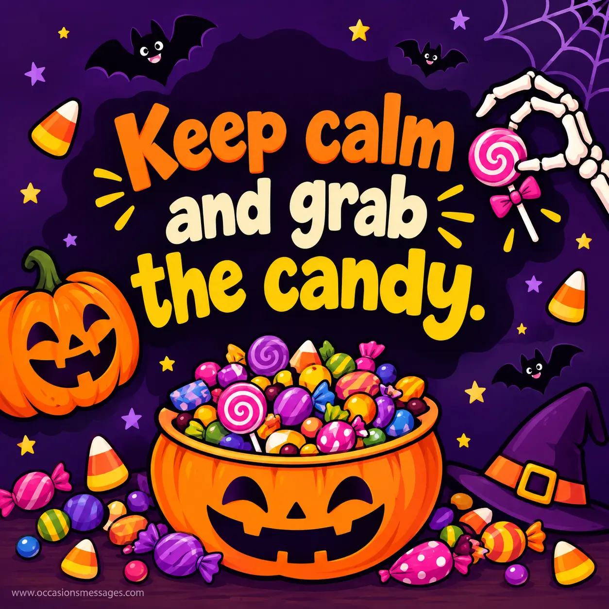 Cheerful Halloween quote image with smiling pumpkins, colorful candy, friendly ghosts, and glowing lanterns, celebrating a Halloween filled with smiles and sweet treats.