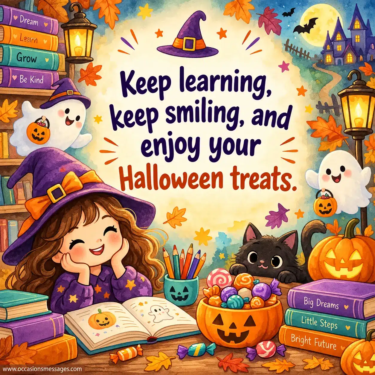 Whimsical Halloween learning scene with books, pencils, pumpkins, candy, friendly ghosts, and cheerful decorations illustrating a message about learning, smiling, and enjoying Halloween treats.