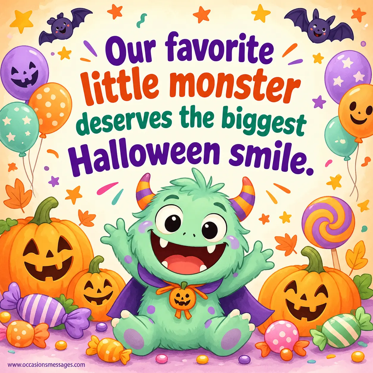Cute cartoon Halloween monster smiling among colorful candies, pumpkins, stars, and festive decorations, conveying a joyful message about making a little monster smile.