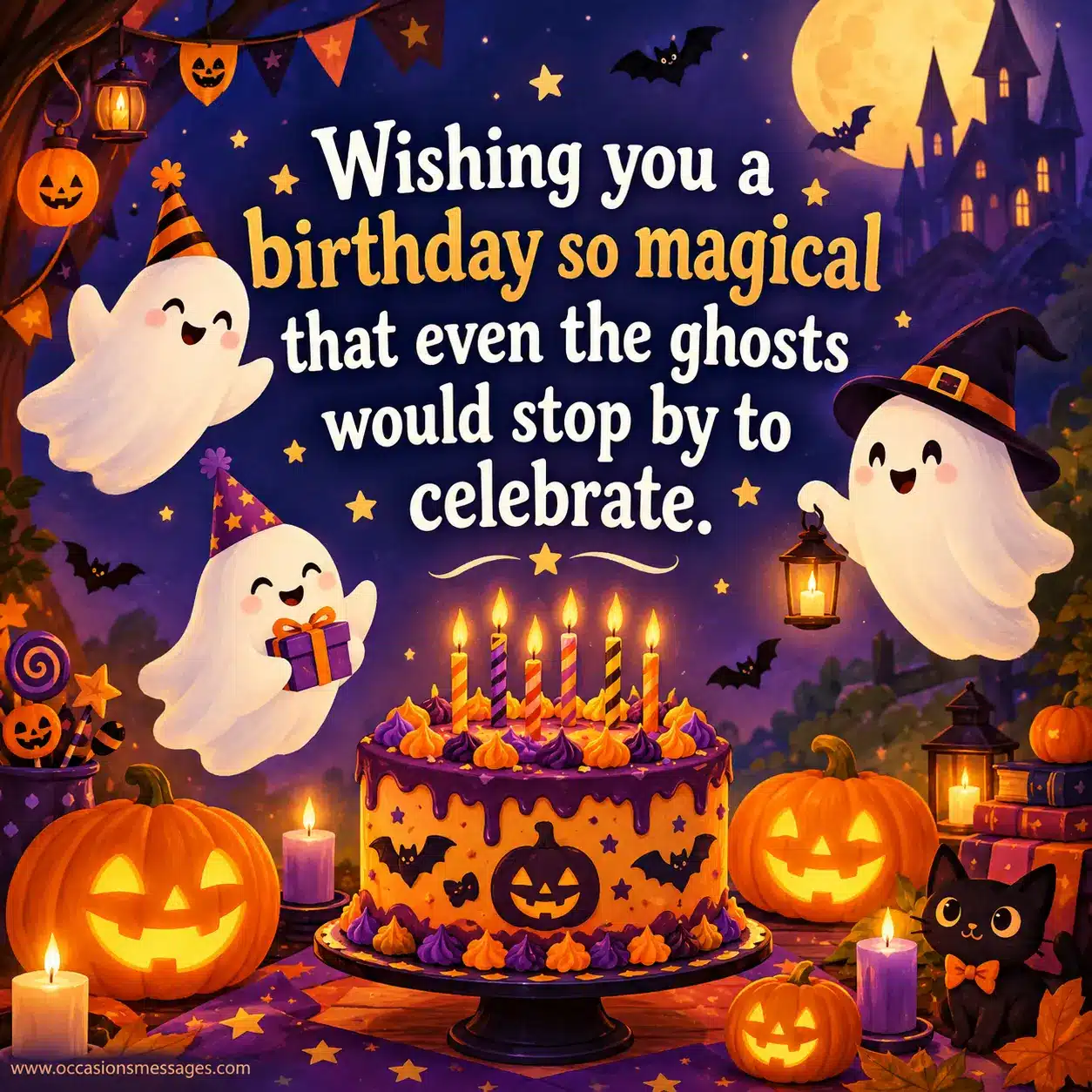 Whimsical Halloween birthday scene with friendly ghosts, glowing pumpkins, candles, and a magical birthday cake celebrating a joyful spooky birthday wish.