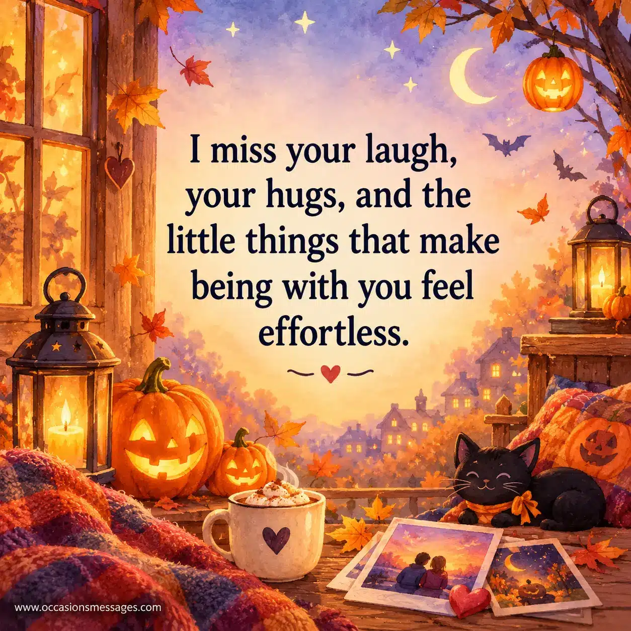 Tender autumn Halloween scene with warm lanterns, pumpkins, falling leaves, and memory-inspired details expressing how much a loved one is missed.