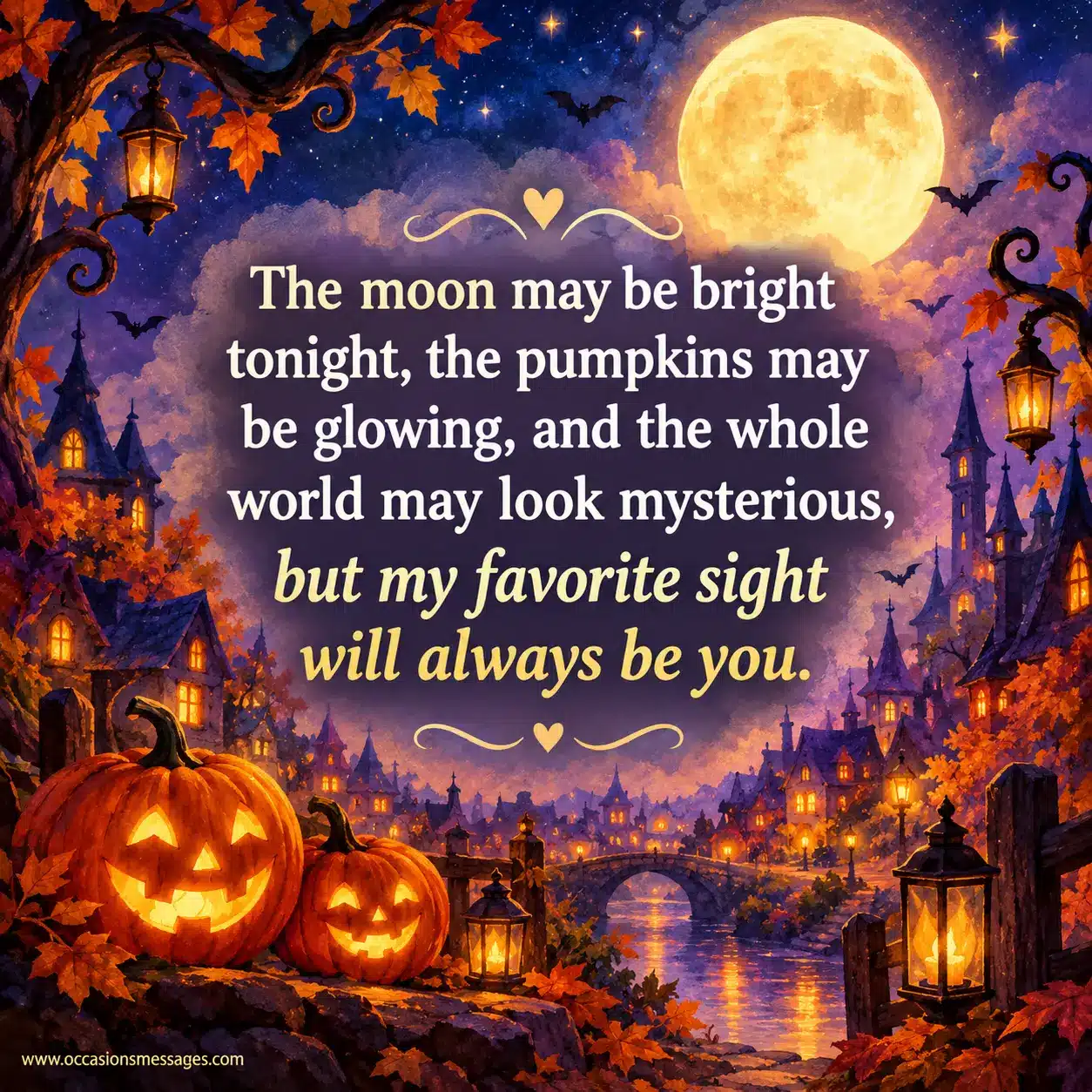 Dreamy illustrated Halloween night with a bright moon, glowing pumpkins, stars, and a romantic message about a beloved person being the favorite sight.