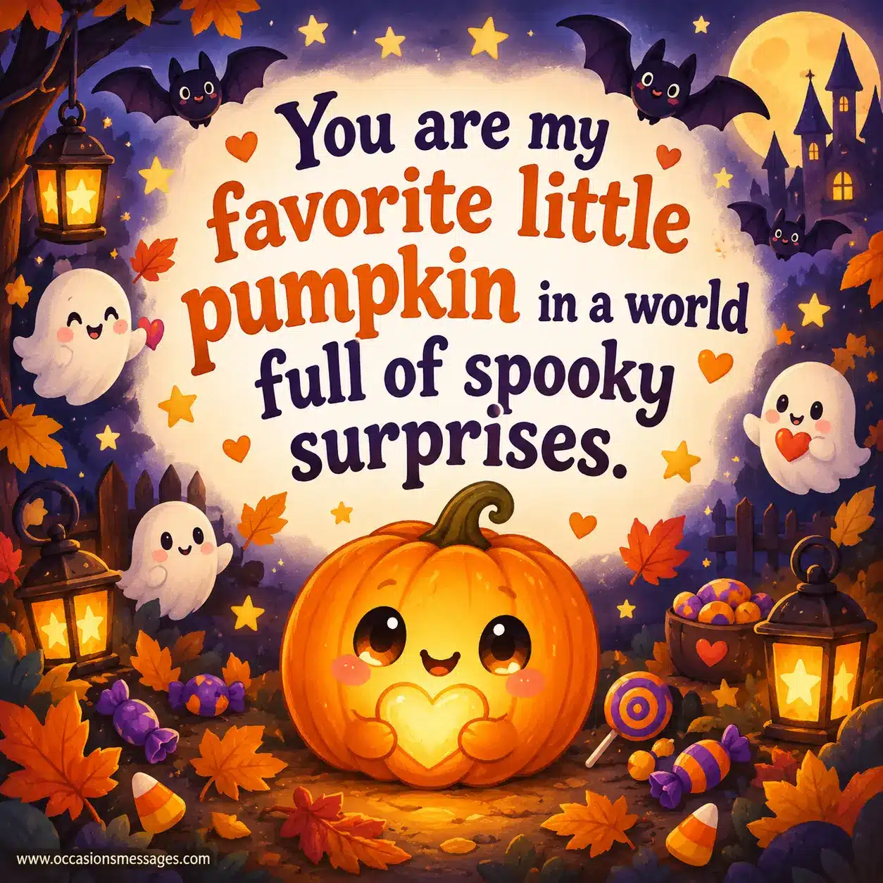 Cute illustrated little pumpkin surrounded by friendly Halloween surprises, candy, bats, stars, and a sweet romantic message.