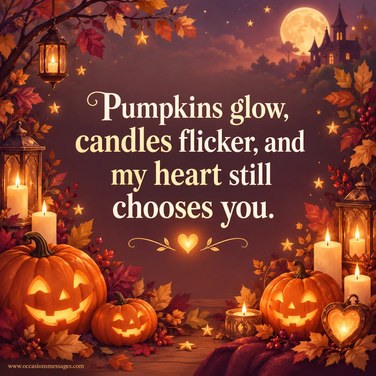 Cozy Halloween illustration with glowing pumpkins, flickering candles, autumn leaves, and a warm heart symbolizing love and choosing someone special.