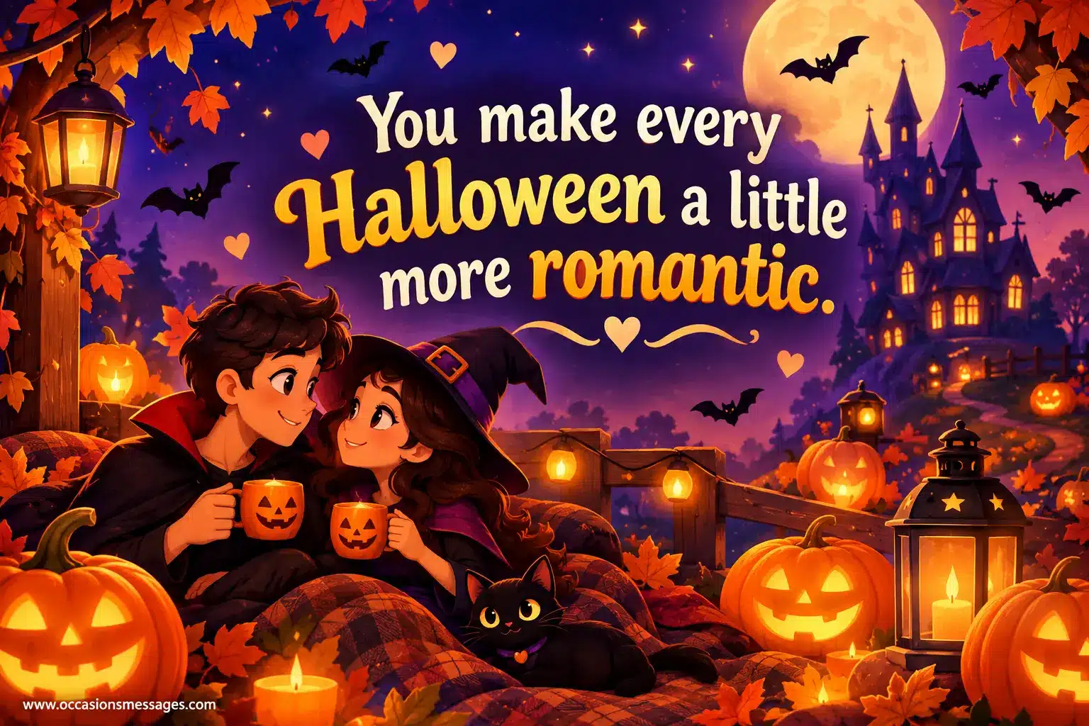 Romantic Halloween cartoon scene with two charming characters, glowing pumpkins, hearts, bats, and warm decorations representing a more romantic Halloween.