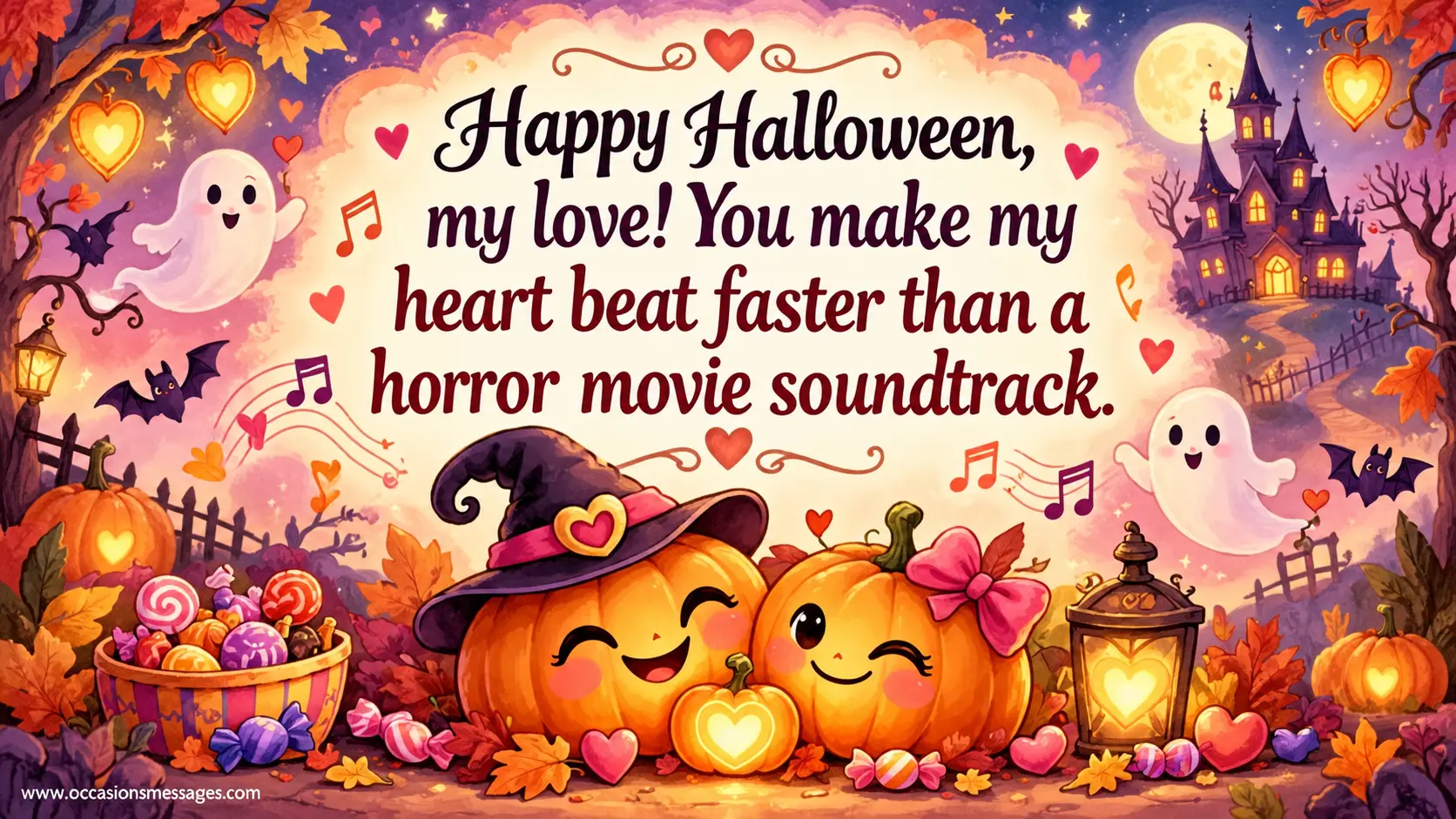 3. Romantic Halloween cartoon with glowing heart-shaped lanterns, affectionate pumpkins, tiny ghosts, and a whimsical haunted house, expressing the excitement of being in love and feeling a racing heartbeat.