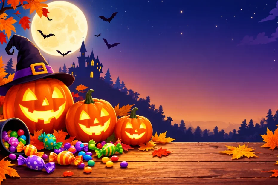Short Halloween wishes represented by glowing pumpkins, candy, bats, autumn leaves, and moonlight.