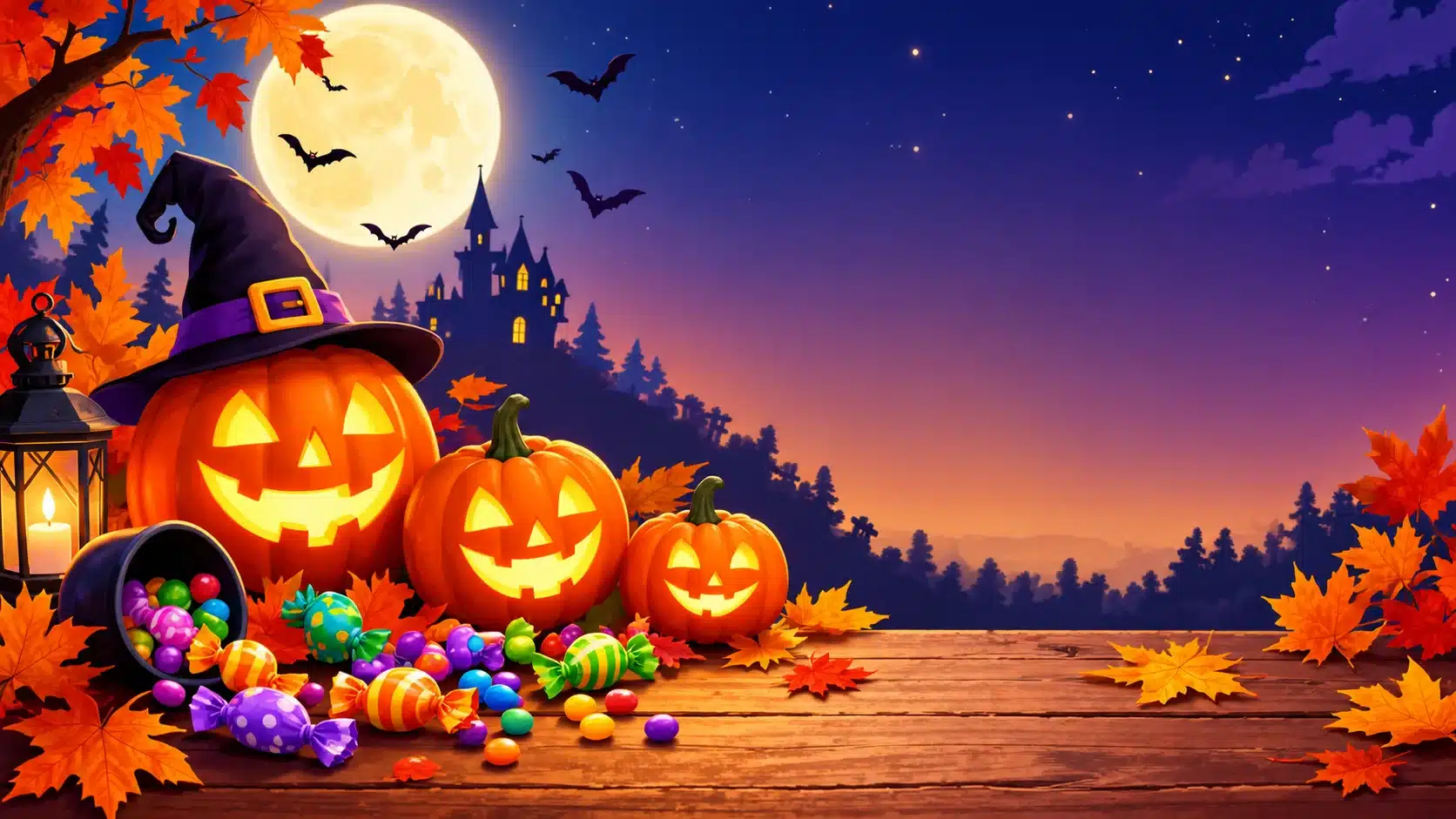 Short Halloween wishes represented by glowing pumpkins, candy, bats, autumn leaves, and moonlight.