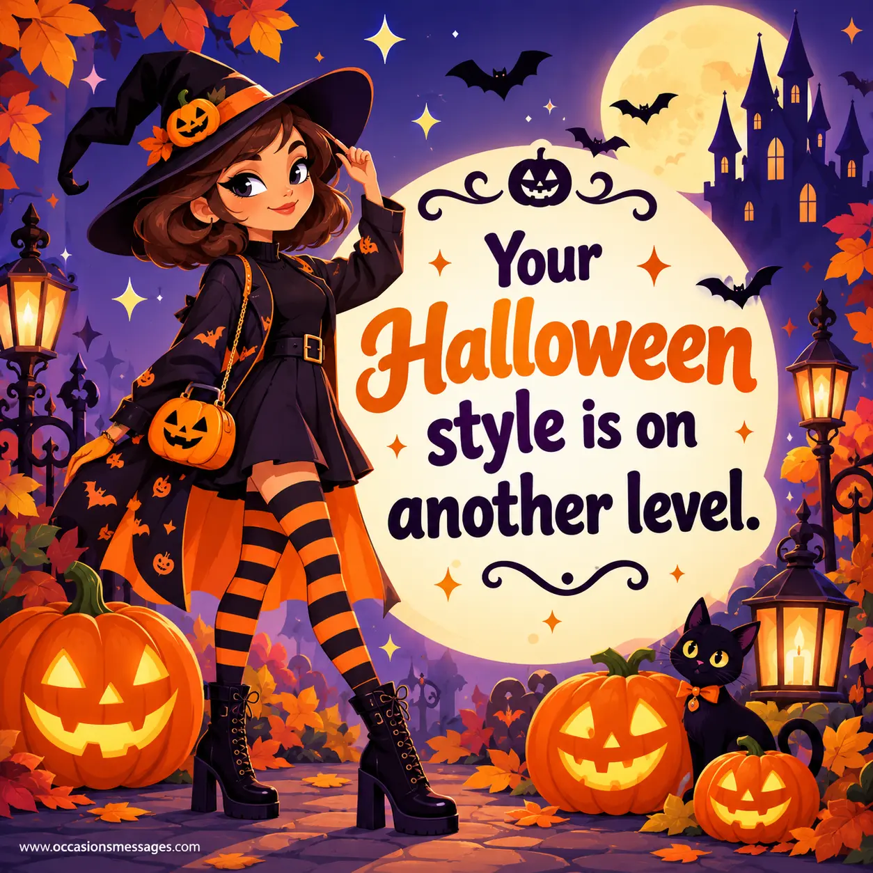Stylish Halloween illustration featuring a fashionable cartoon character surrounded by pumpkins, bats, stars, and festive decorations celebrating standout Halloween style.