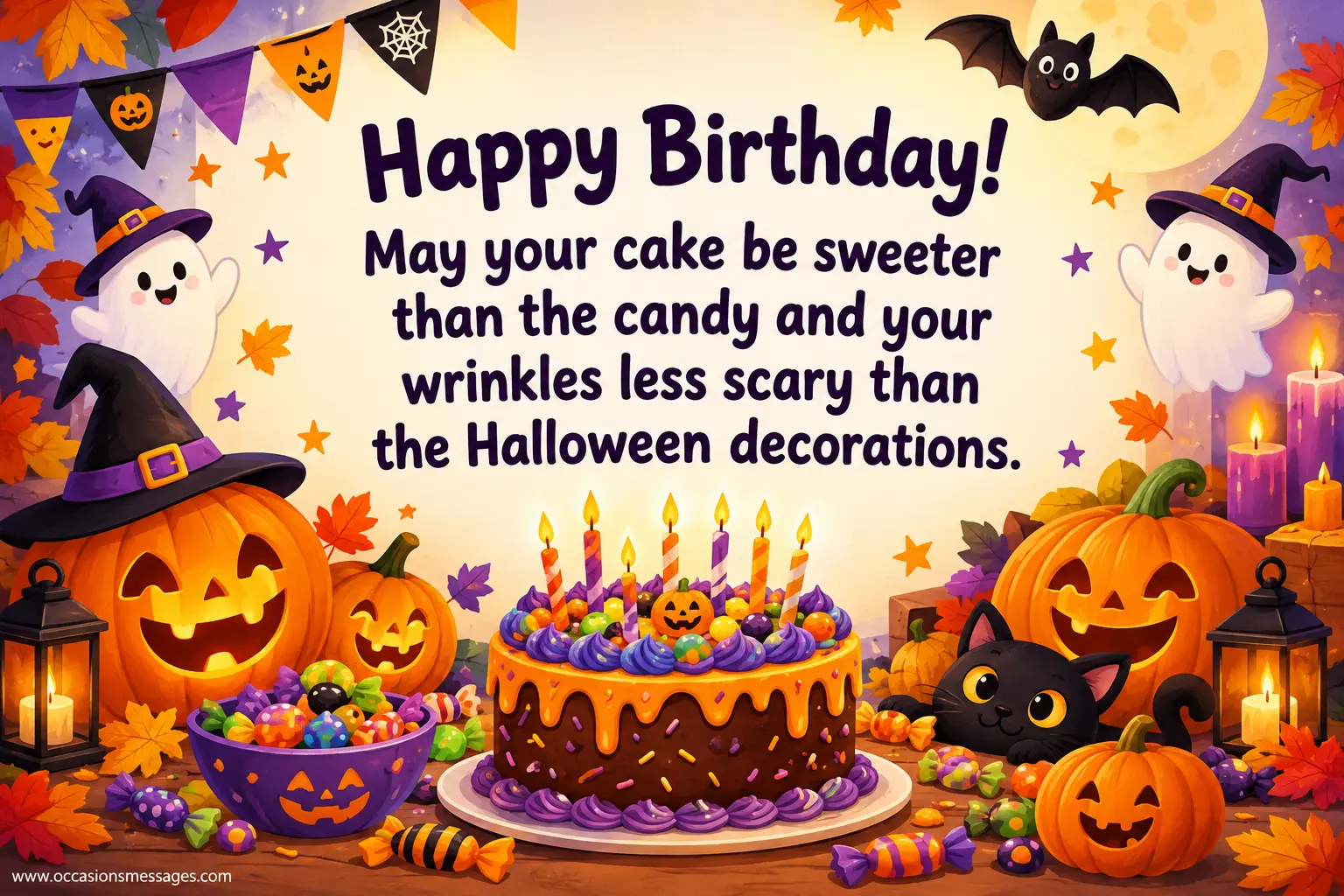 Cheerful illustrated Halloween birthday cake surrounded by candy, pumpkins, candles, and festive decorations representing a sweet and humorous birthday celebration.