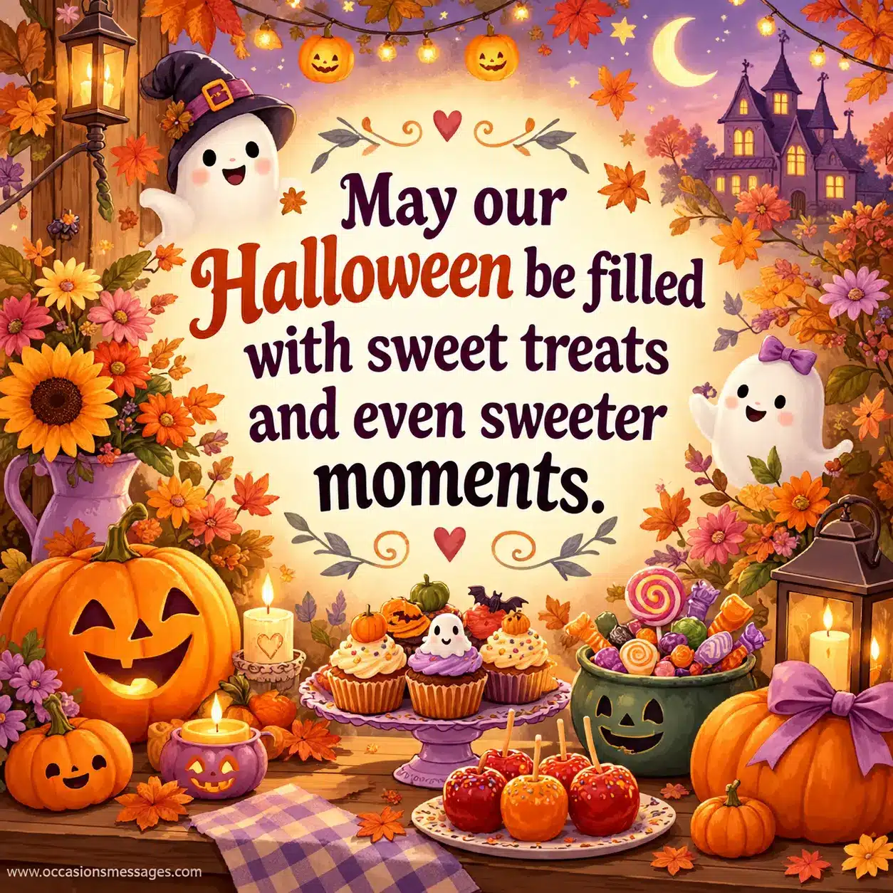 Cozy illustrated Halloween celebration with pumpkins, cupcakes, candy, candles, autumn leaves, and warm decorations expressing the joy of sweet treats and memorable moments.