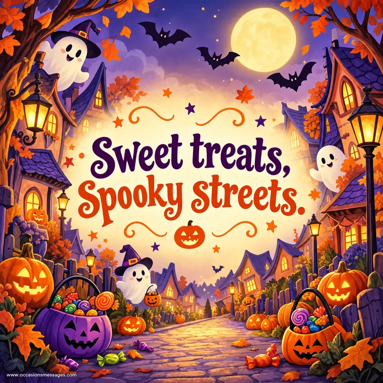 Whimsical Halloween neighborhood filled with jack-o'-lanterns, candy, friendly ghosts, bats, and glowing street decorations representing sweet treats and spooky streets.