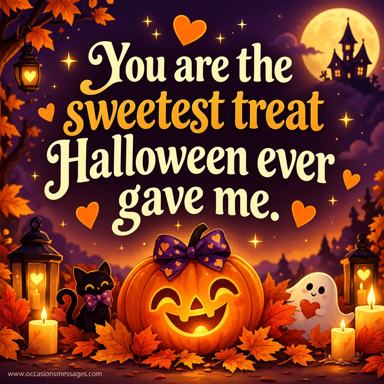 Romantic Halloween illustration with a glowing pumpkin, autumn leaves, candles, hearts, and the message about someone being the sweetest Halloween treat.