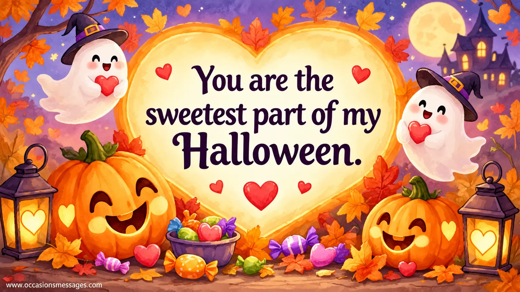 Sweet whimsical Halloween illustration with glowing pumpkins, hearts, candy, friendly ghosts, and warm festive details celebrating a beloved person.