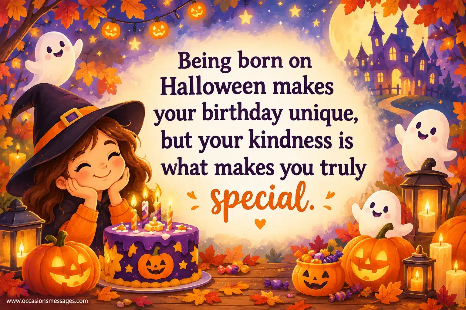 Warm Halloween birthday illustration with glowing pumpkins, friendly ghosts, autumn leaves, and magical decorations symbolizing uniqueness, kindness, and a special birthday.