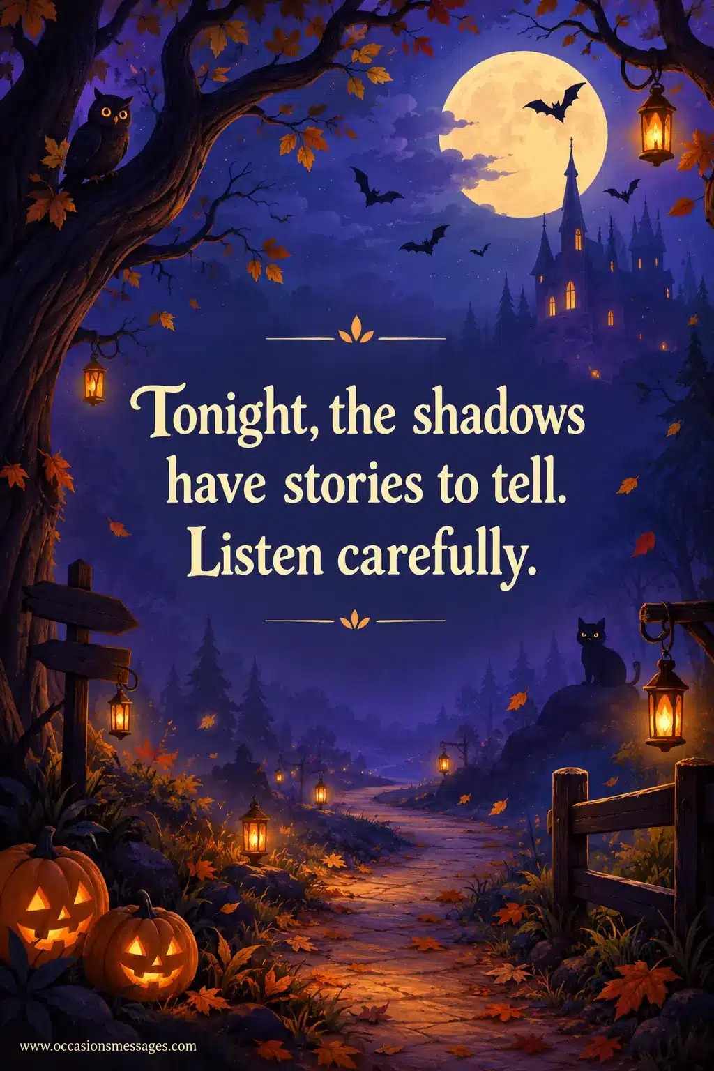 4. Mysterious illustrated moonlit forest with glowing lanterns, drifting leaves, bats, and enchanting shadows representing a Halloween message about listening to hidden stories.