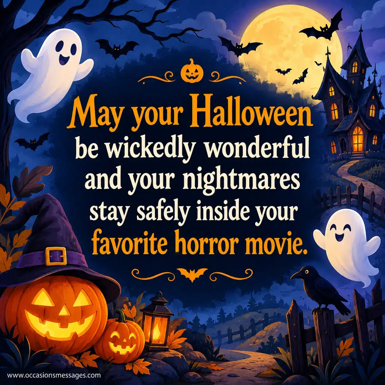 Whimsical illustrated Halloween night with a full moon, haunted house, ghosts, bats, and pumpkins, expressing wishes for a wonderful Halloween and movie-safe nightmares.
