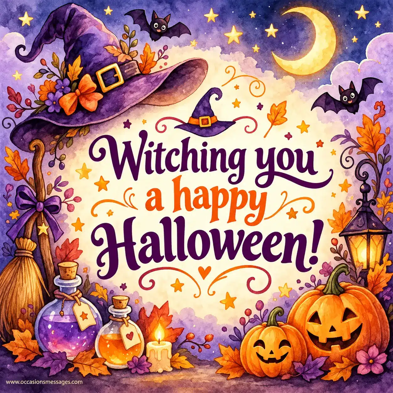 Magical illustrated Halloween scene featuring a witch's hat, broom, potion bottles, crescent moon, pumpkins, and sparkling stars surrounding a cheerful Halloween greeting.