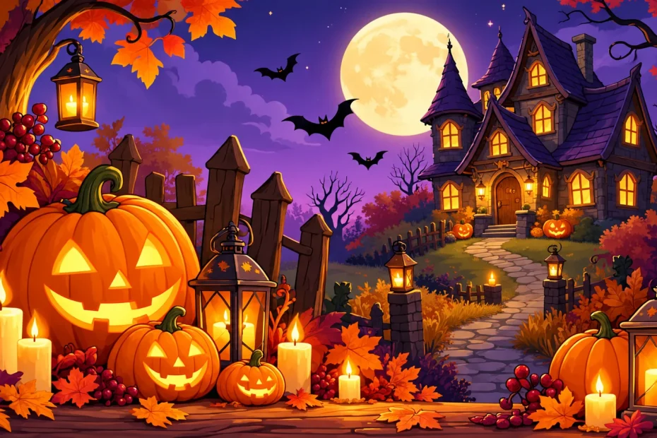 Elegant Halloween greeting card design with pumpkins, lanterns, autumn foliage, candles, bats, and a haunted cottage.