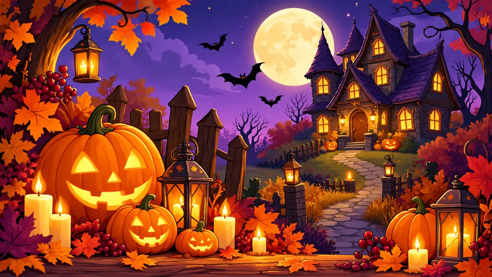 Elegant Halloween greeting card design with pumpkins, lanterns, autumn foliage, candles, bats, and a haunted cottage.